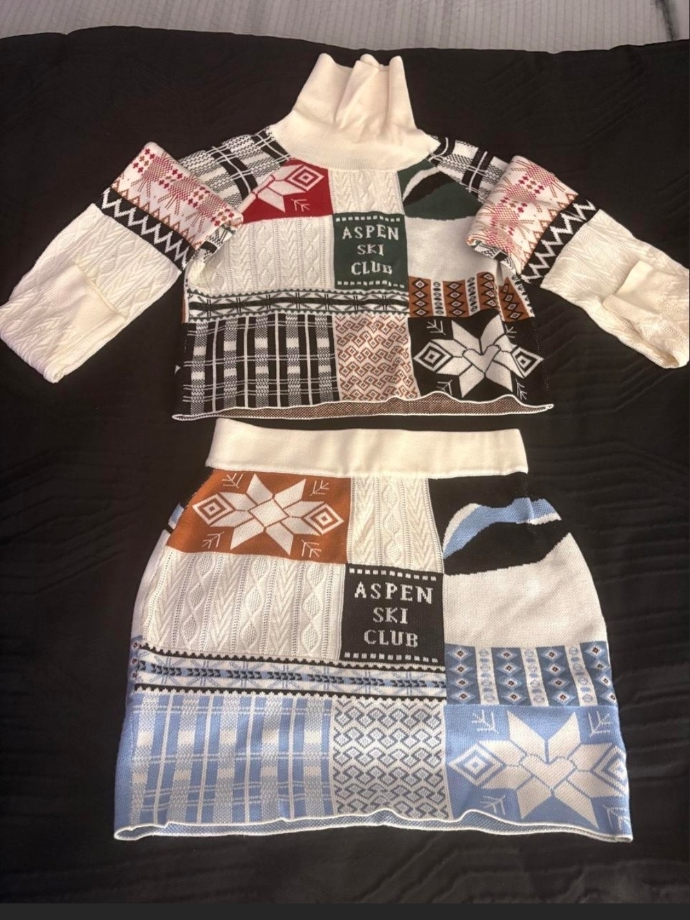 Aspen Ski Club Patchwork Sweater & Skirt Set - White Multi